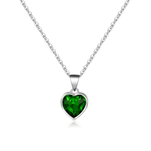 Detalle de Heart Pendant Necklace for Women with Green Emerald Crystal – May Birthstone, Silver Plated Chain by Aliyoham