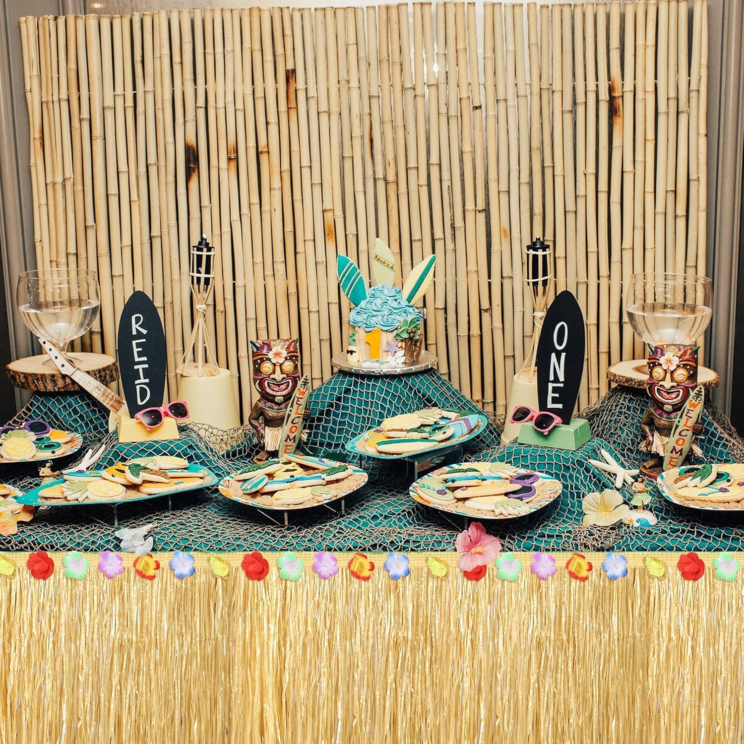 Thumbnail 4 de Fovths Luau Grass Table Skirt (Natural) 9 Feet x 29.5 Inch Hawaiian Party Straw Table Skirt