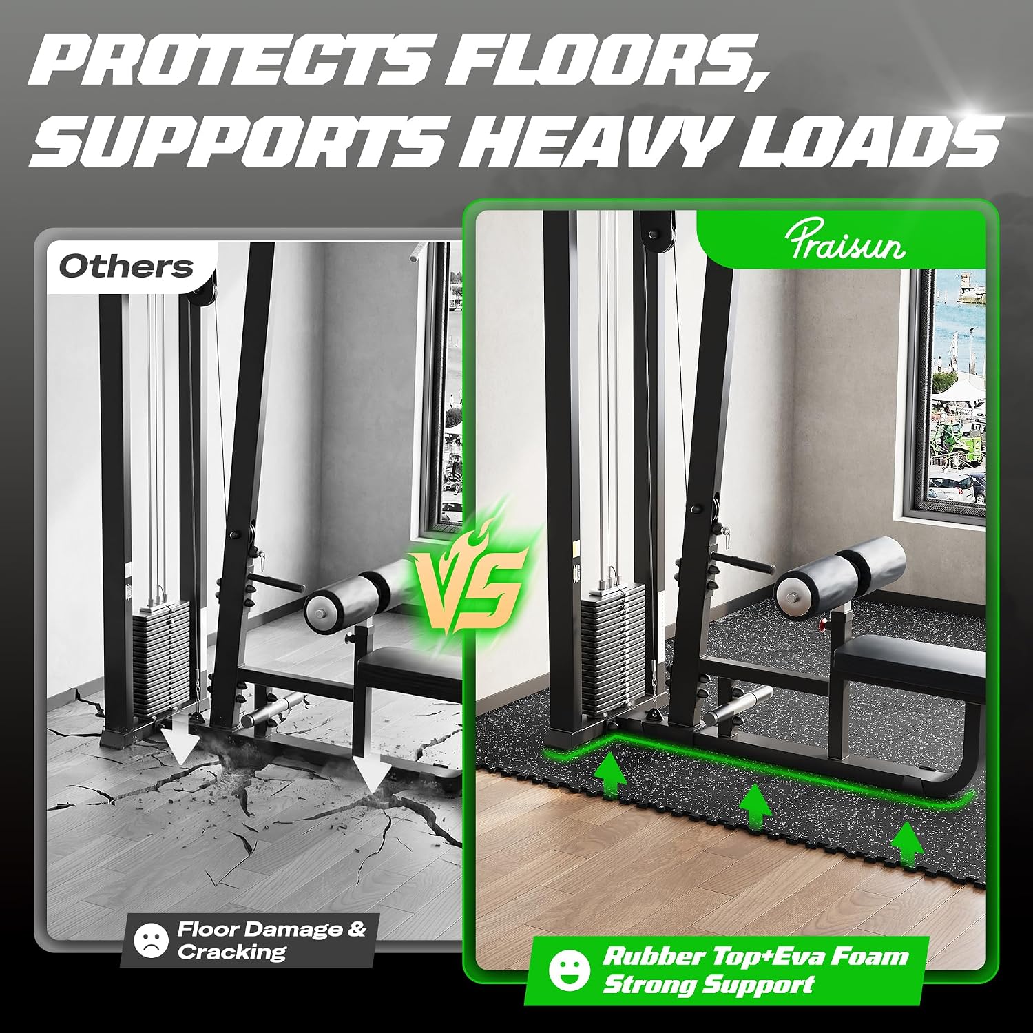 Detalle de PRAISUN 0.56" Rubber Top Gym Flooring — Heavy-Duty Interlocking Mats (24" x 24", 48 Sq Ft, Black/Grey)