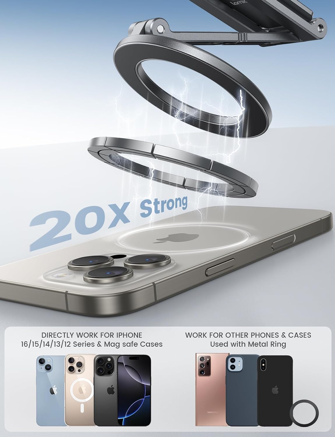 Detalle 1 de Lamicall STTP07 MagSafe Tripod Stand, 5-in-1 Aluminum Magnetic Phone Mount