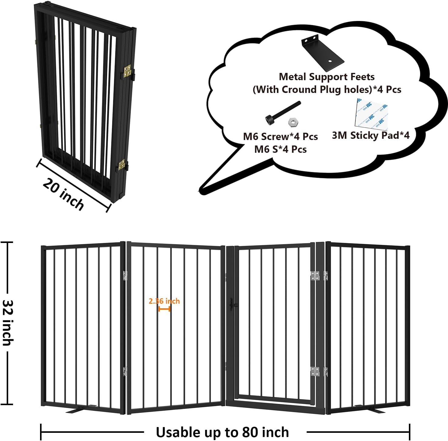 Detalle 2 de Xifamniy Free Standing Dog Gate with Door Walk Through (32" × 81", 4 Panels)