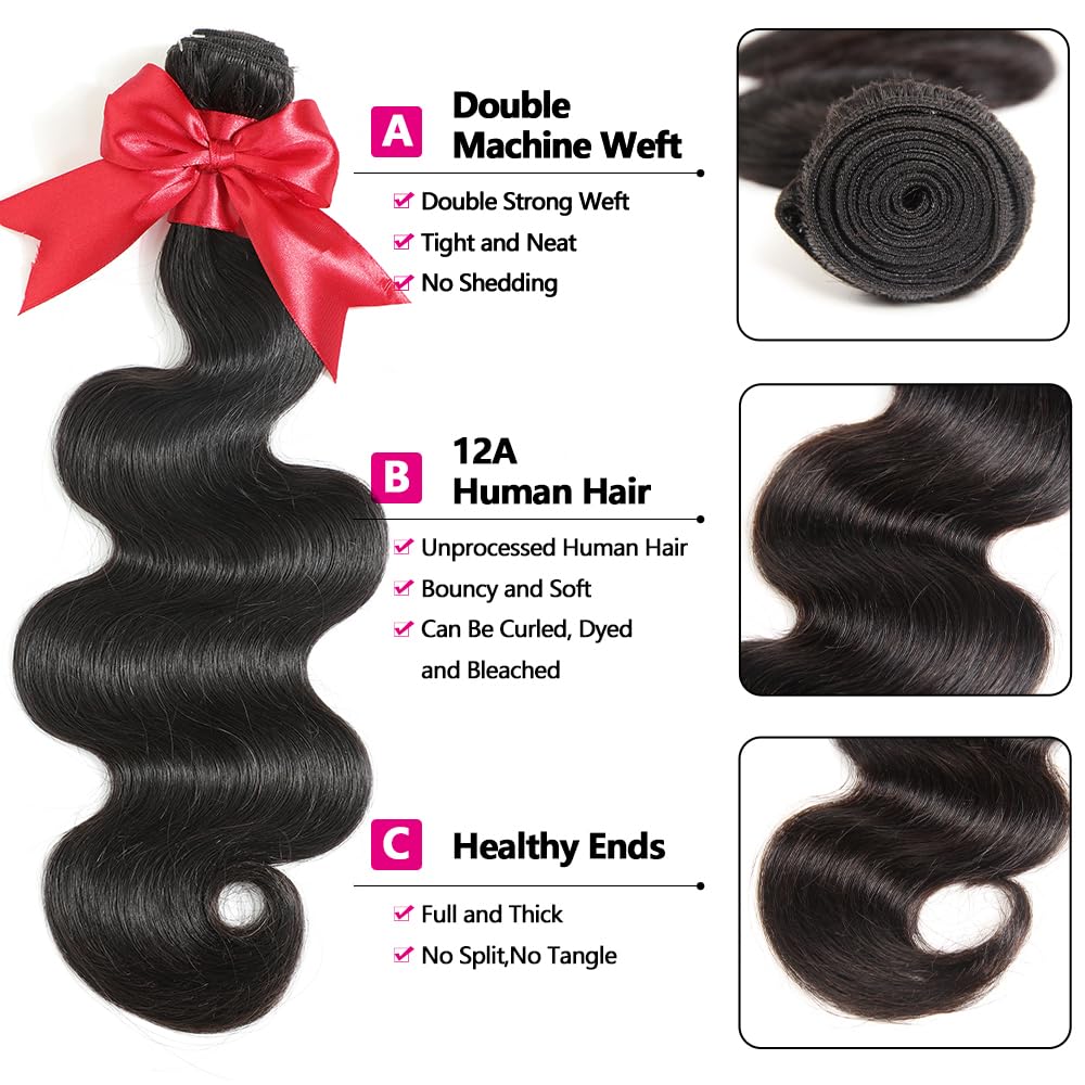 Detalle de 12A Brazilian Body Wave Hair Bundles with 4x4 HD Lace Closure — 16, 18, 20 Inches (3 Bundles)