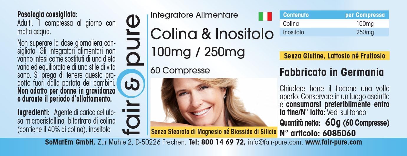 Detalle de Fair & Pure Cholin & Inositol 100 mg / 250 mg, 60 Tabletten – Hochdosierte Nahrungsergänzung aus Deutschland