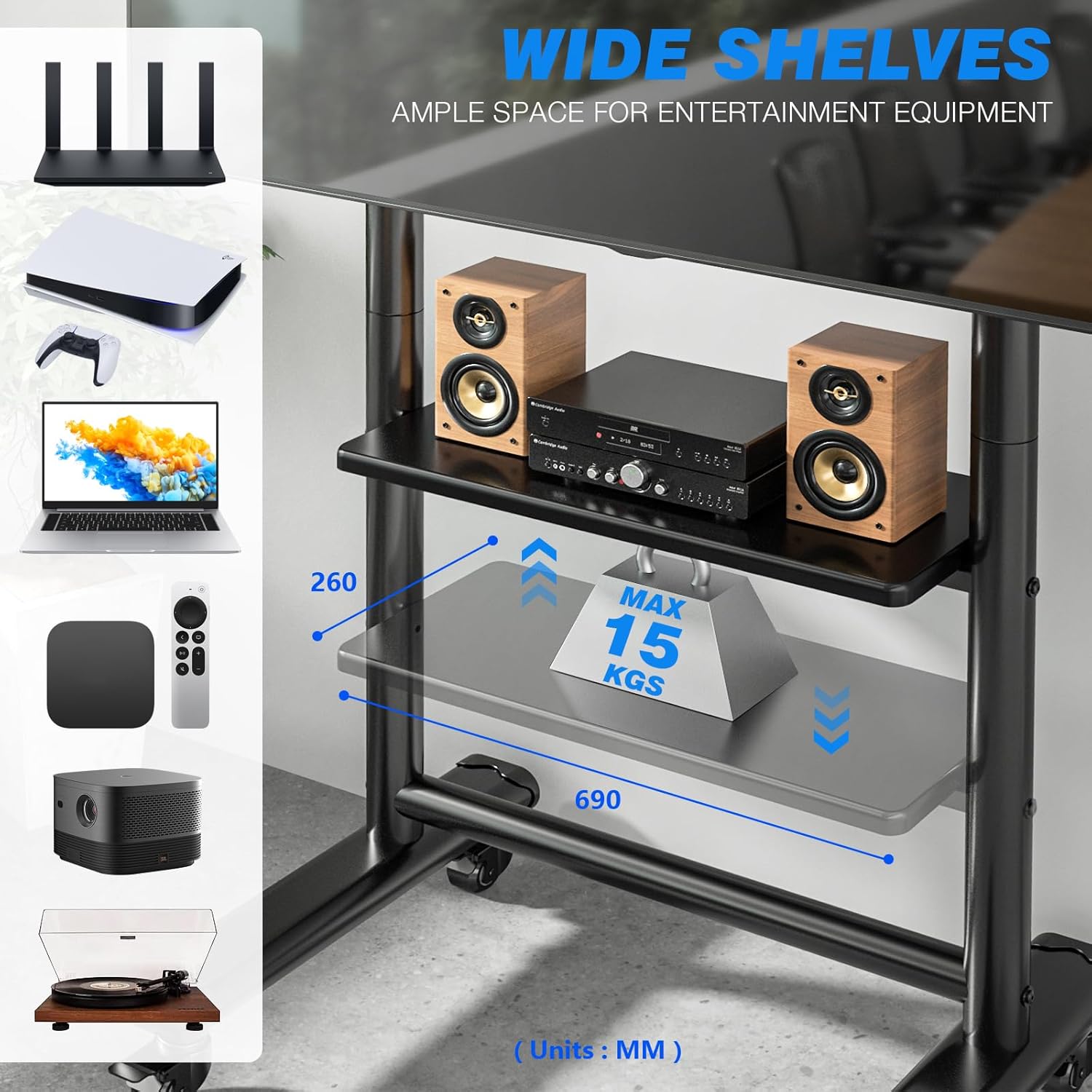 Thumbnail 3 de Support TV sur pied RFIVER avec roulettes verrouillables et étagère (50 à 86 pouces, jusqu’à 68 kg, VESA max 800x600)