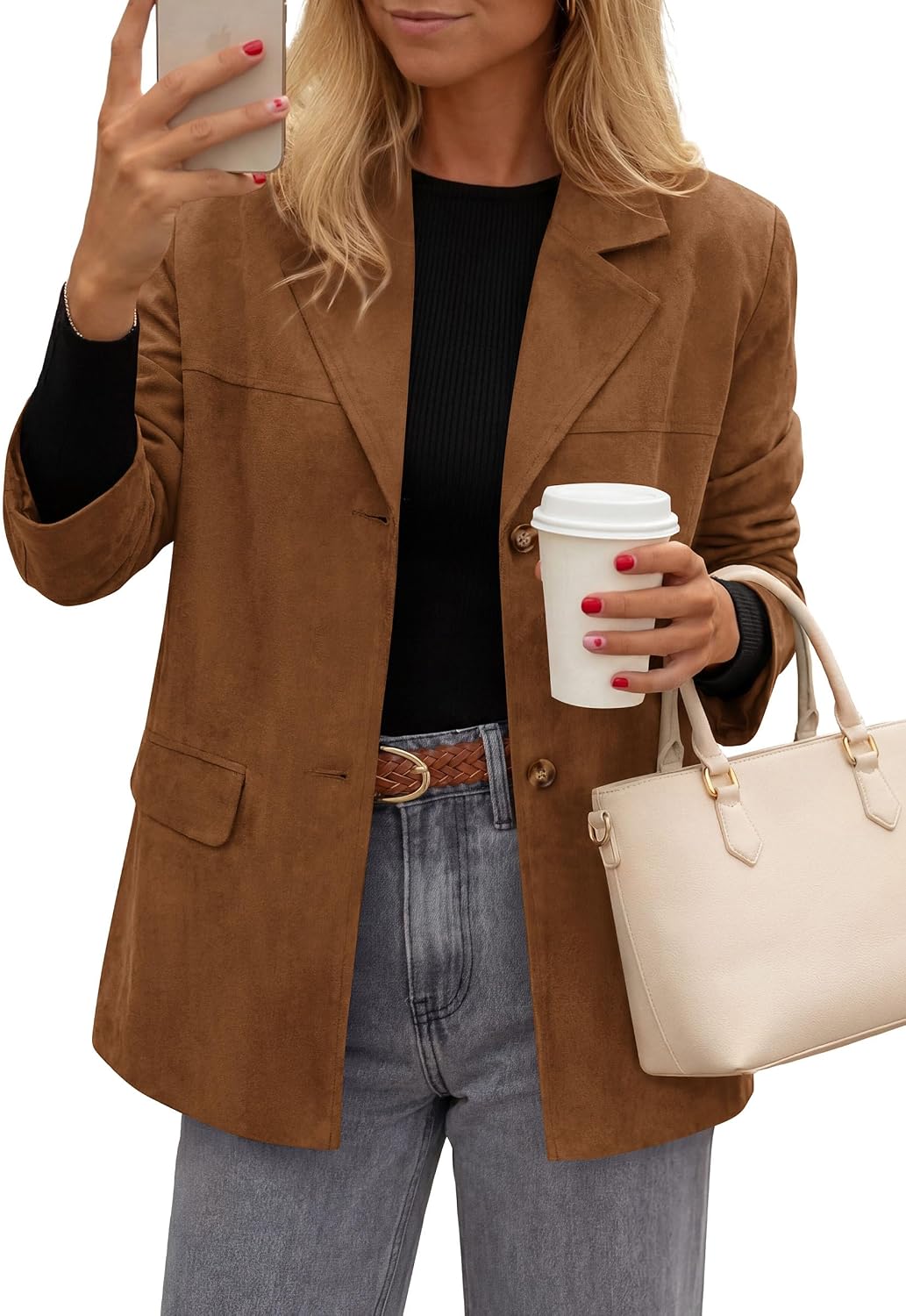 Detalle de PRETTYGARDEN Women's Faux Suede Blazer