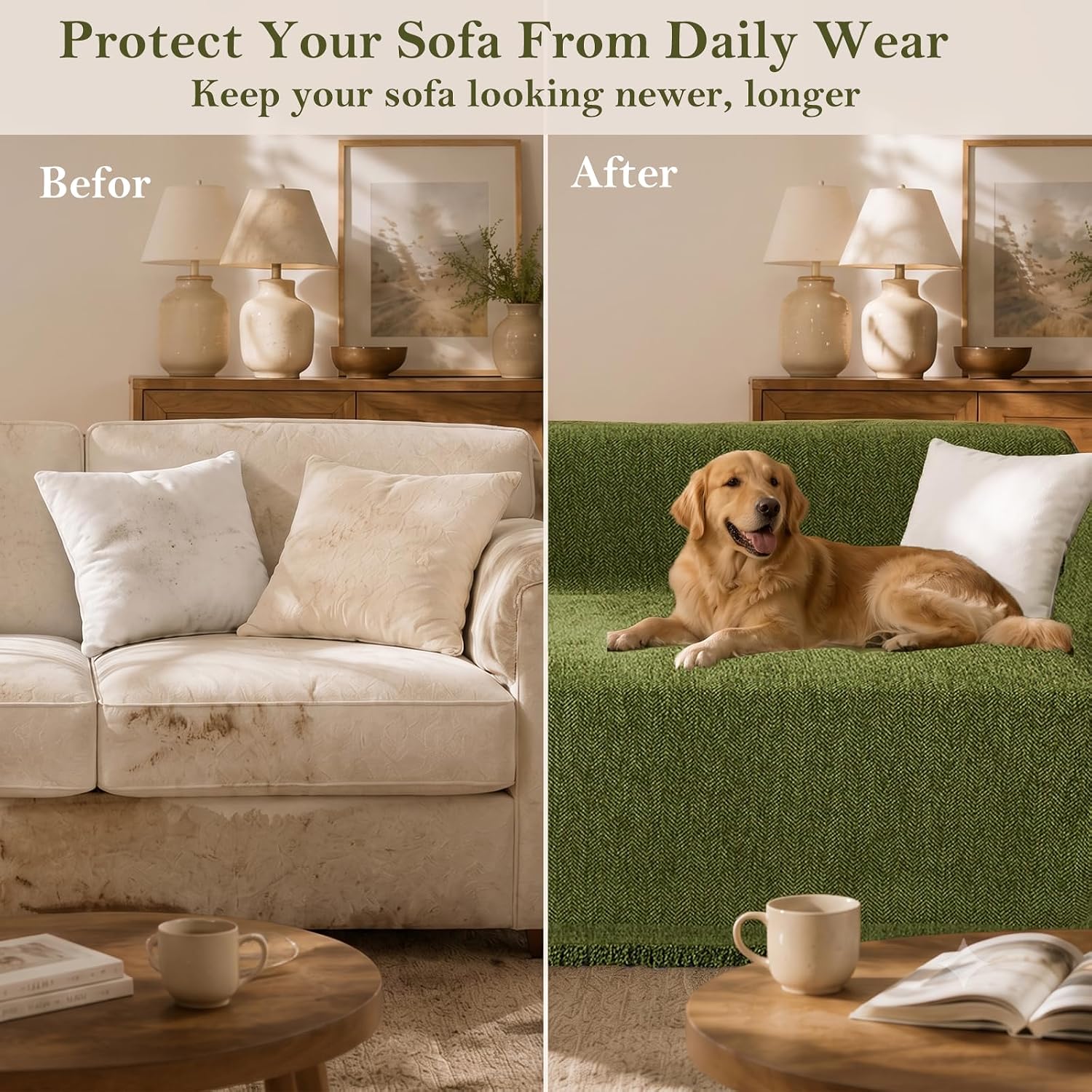 Thumbnail 2 de YHUKB Thick Chenille Sofa Cover, Green Geometric, 71 x 134 in