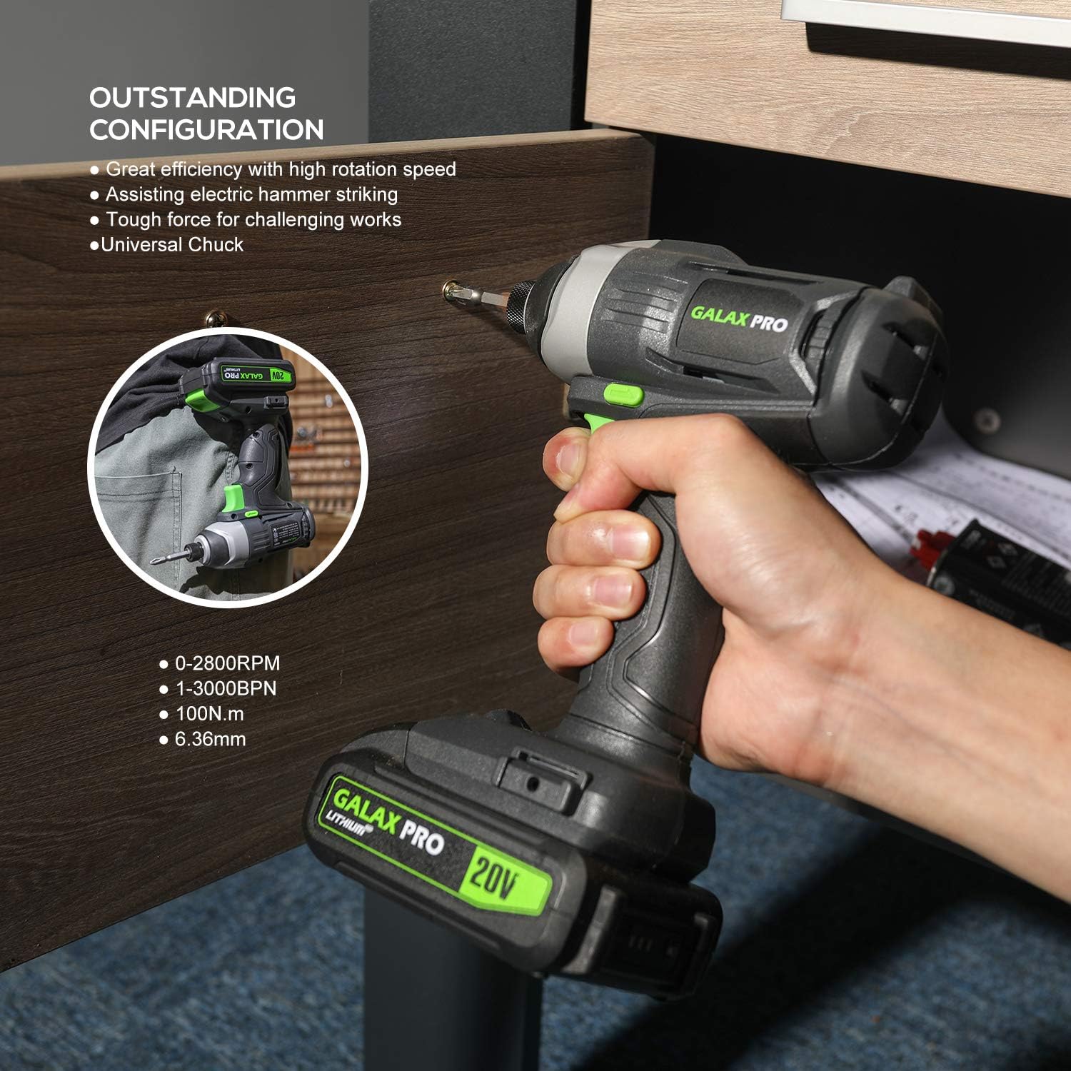 Detalle de GALAX PRO D6001 20V 2-speed Drill Driver & Impact Driver Combo Kit (1.3Ah battery, charger, 11 accessories)
