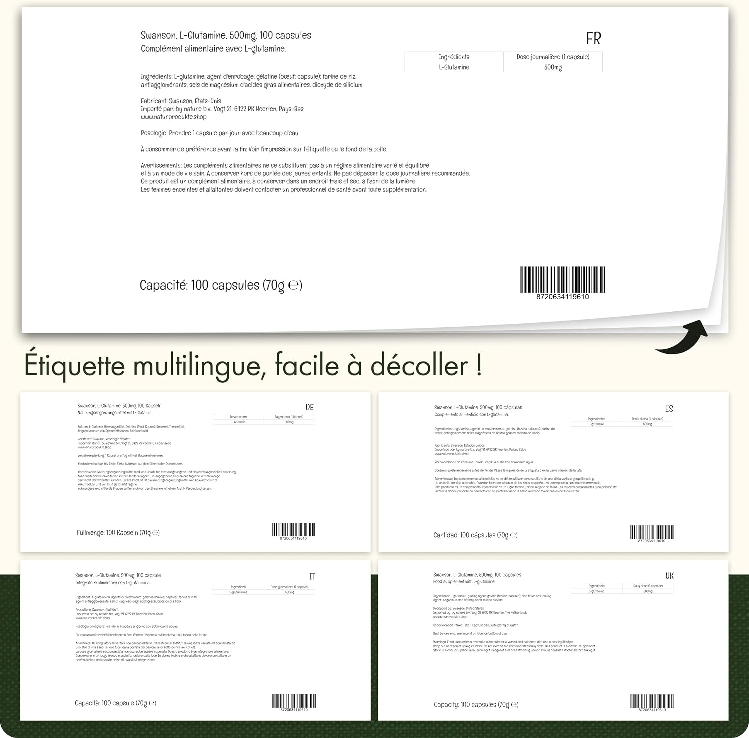 Detalle 2 de Swanson L-Glutamine 500 mg – 100 capsules, sans gluten, sans soja, sans OGM