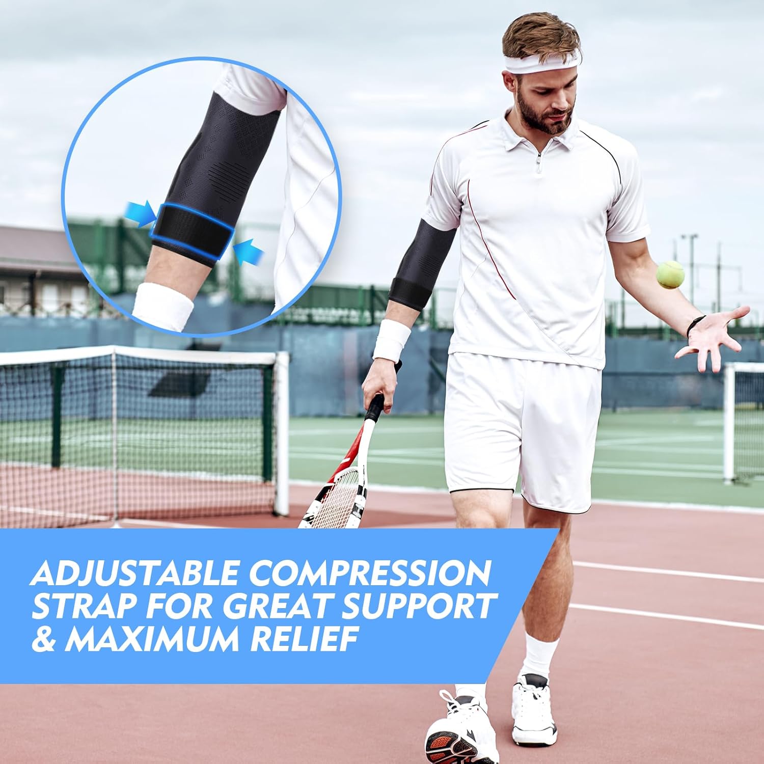 Detalle de Lusenone Elbow Support with Strap (Adjustable Compression Sleeve) for Tennis/Golfers Elbow, Tendonitis & Arthritis, Size M