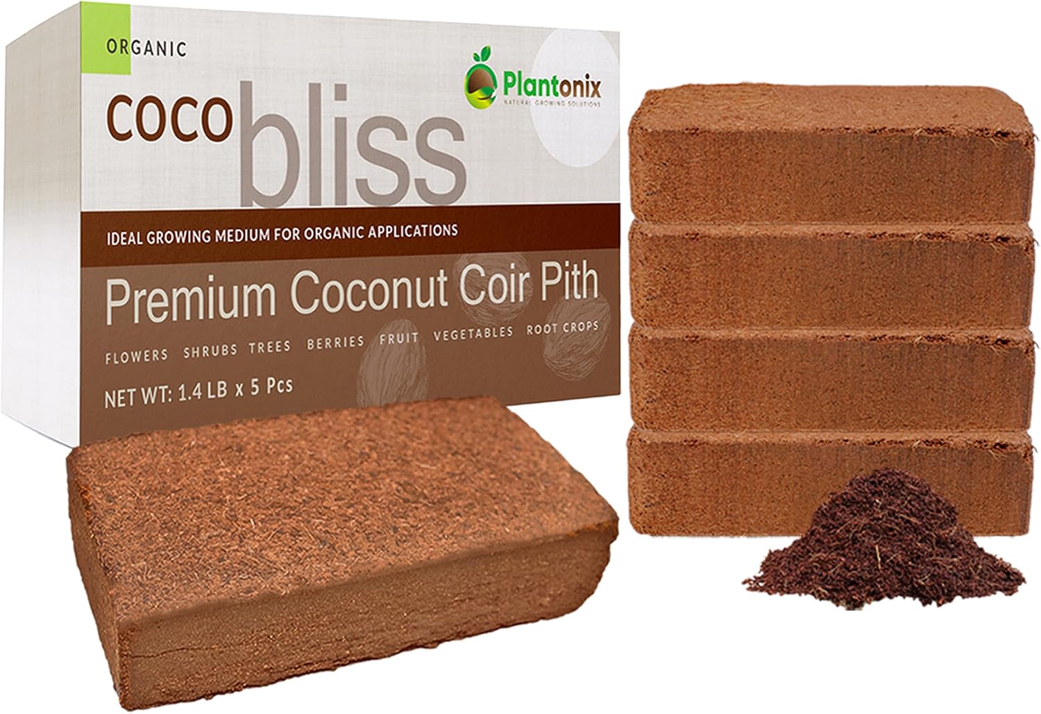 Detalle de plantonix Coco Bliss 650gm Coco Coir Bricks, 5-Pack, OMRI-Listed Organic Fiber