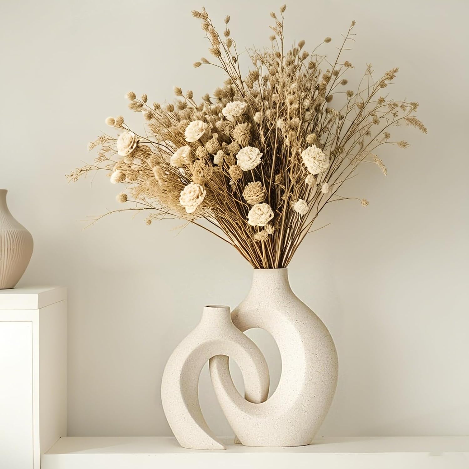 Detalle de SUKIYPO BS03 keramieken vazenset van 2, beige met open design