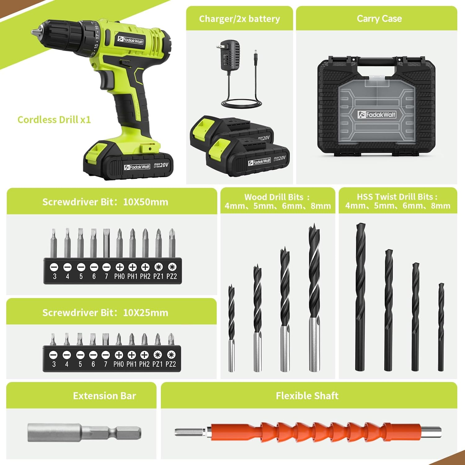 Detalle 2 de FADAKWALT 20V Cordless Drill: 2 Batteries, 34-Piece Kit for Home Projects