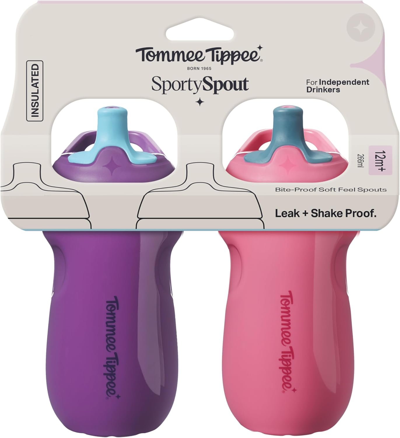 Thumbnail 1 de Tommee Tippee Insulated Sporty Spout Non-Spill Toddler Cup (266ml) – Pack of 2, Pink & Purple