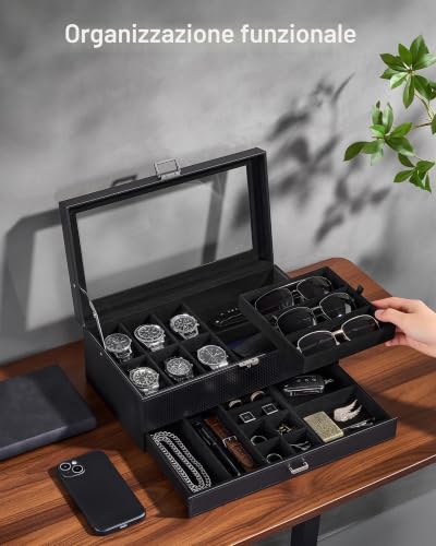 Detalle de ProCase scatola portagioie da uomo a 2 livelli, 6 orologi e 3 paia di occhiali