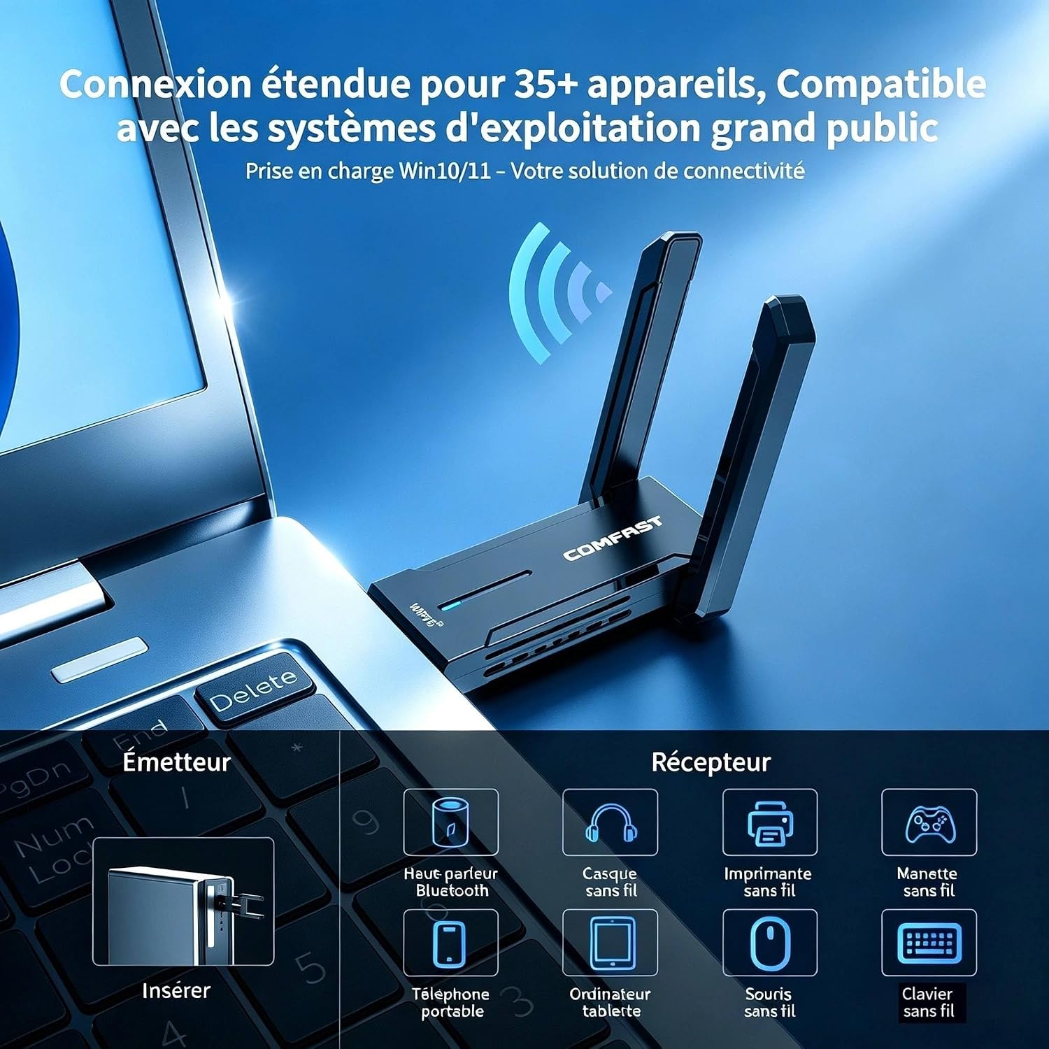 Detalle de Clé WiFi 6E COMFAST Tri-Bande AX5400 Mbps USB 3.0 — Compatibilité Windows 10/11
