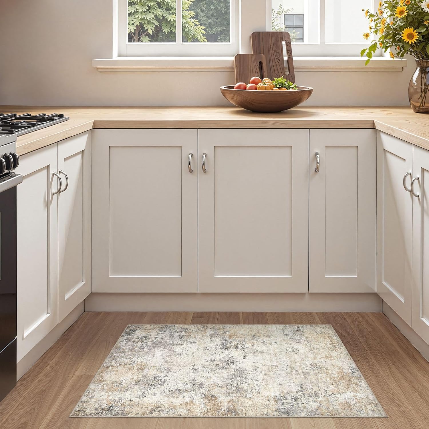 Thumbnail 2 de UERMEI 12x14 Neutral Abstract Washable Area Rug with Non-Slip TPE Backing (Golden Grey)