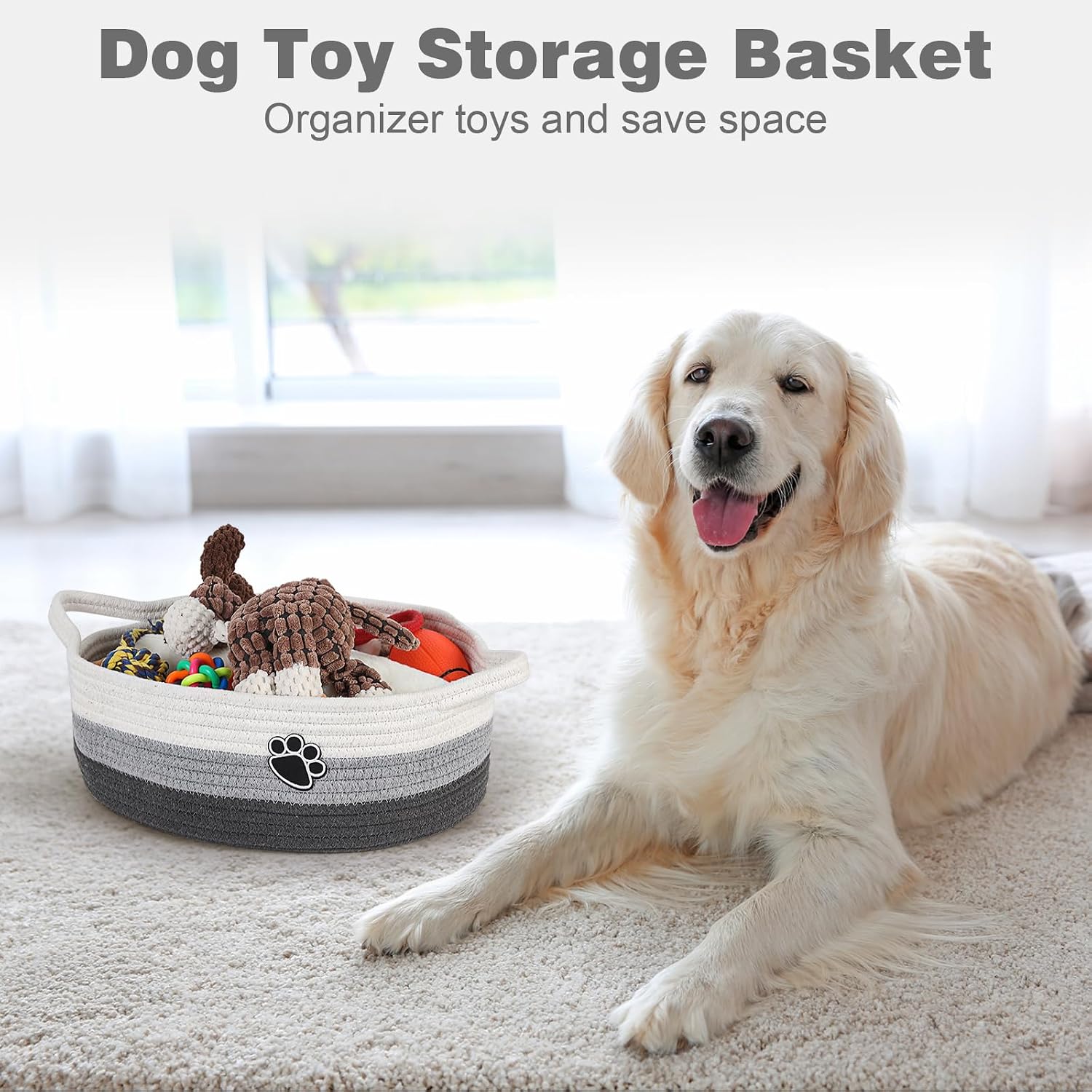 Detalle de Optish Woven Dog Toy Basket, 13.5" x 11" x 5", White and Gray