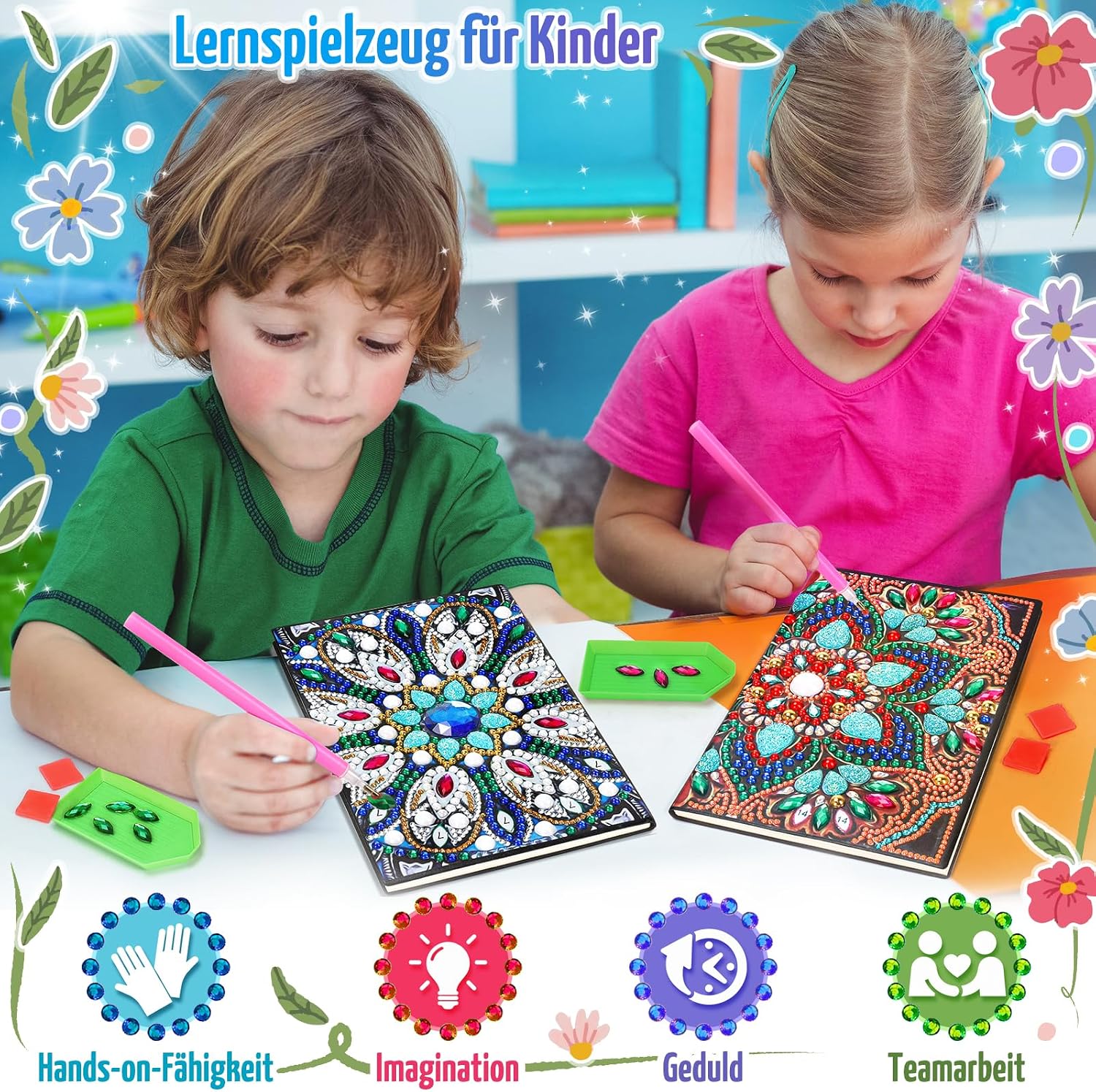 Detalle de pearoft Bastelset Mädchen (7–10 Jahre) – Tagebuch & Diamant Painting A5 Notizbuch Set mit Mandala