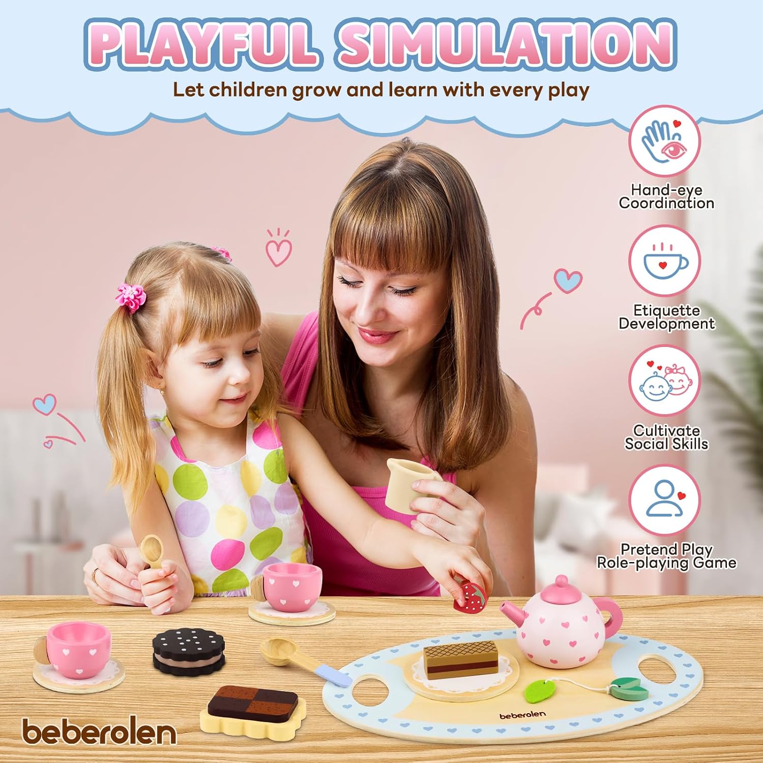Detalle de Beberolen Sweetheart Tea Party Set – teservis i trä med tekanna och tillbehör
