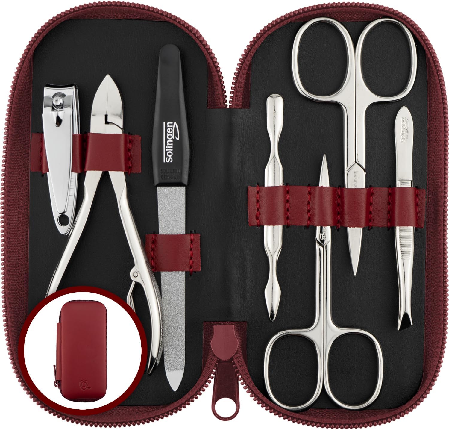 Detalle de Tagliaunghie Set Professionale – Kit da 7 Pezzi Made in Germany (Solingen) con Etui in Vera Pelle