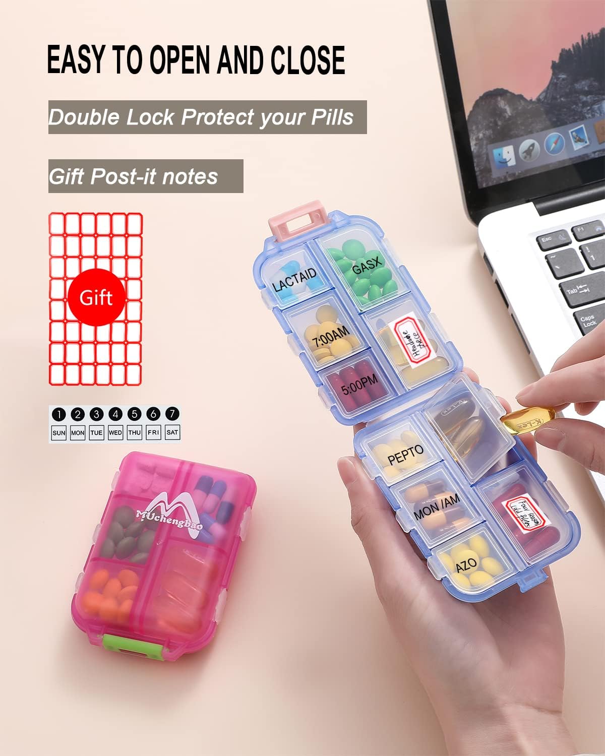 Detalle de 4er-Set Tablettenbox 7 Tage mit 10 Fächern (Pillendose) – Muchengbao, 4 Farben gemischt