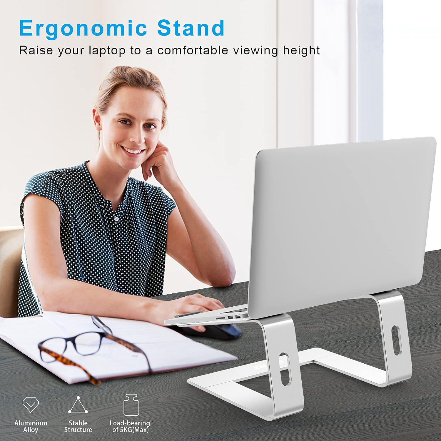 Detalle 2 de BoYata aluminium portable ventilated laptop stand (Silver) for 10–14 inch laptops