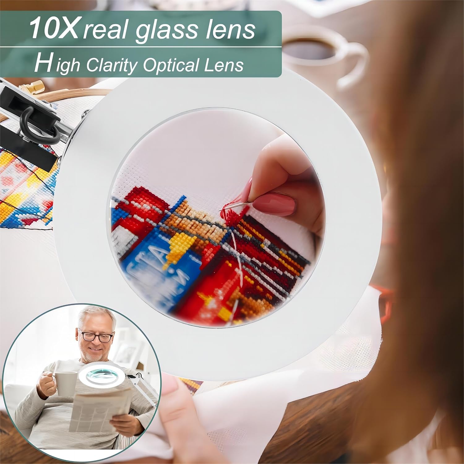 Detalle 2 de Lampada con lente di ingrandimento Kevsuvqin 10x con luce e morsetto, braccio orientabile, 3 modalità colore