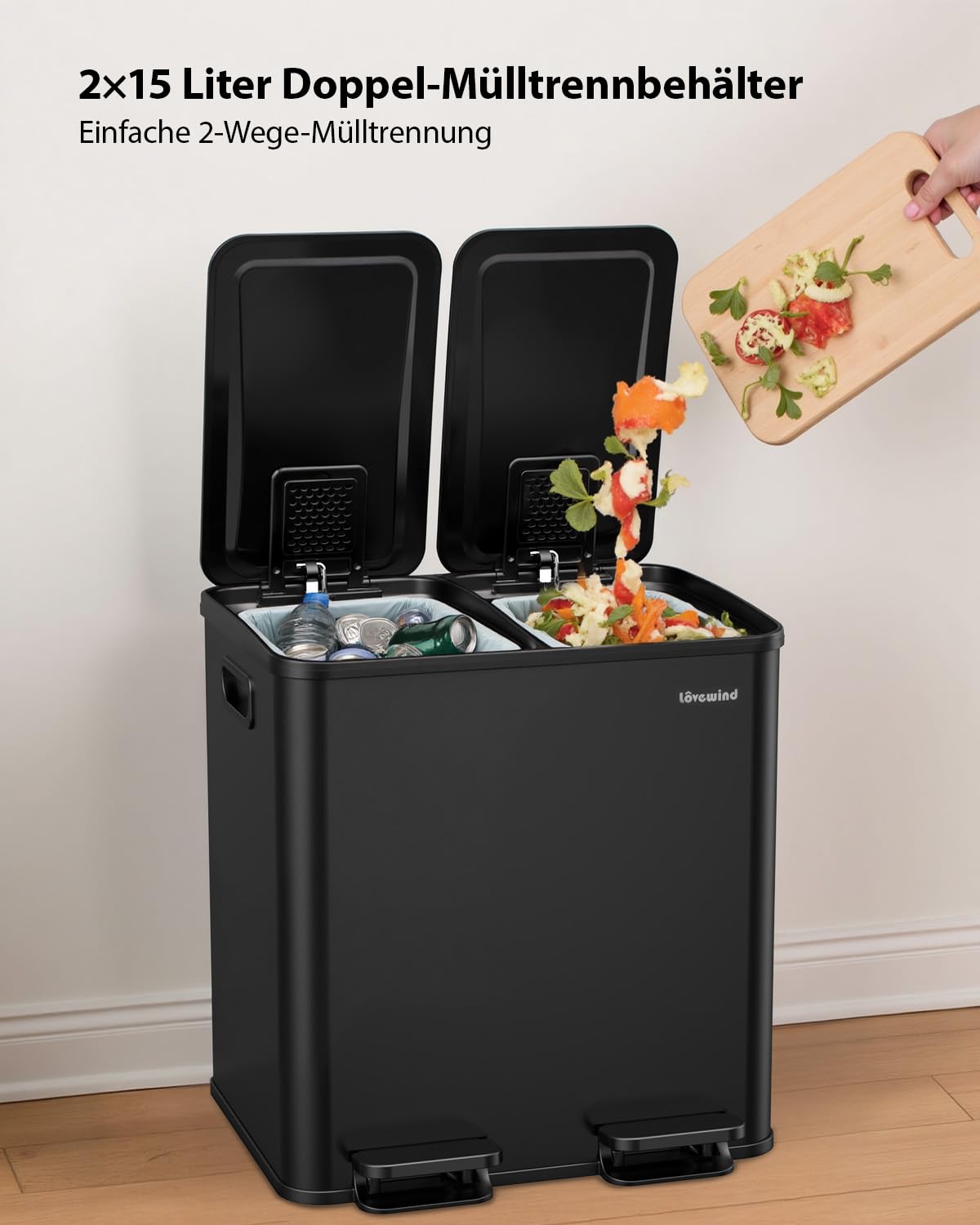 Detalle 2 de lovewind Mülleimer Set mit 2×15 l – Doppeltret-Mülleimer aus Edelstahl mit Deckel (Soft-Close)
