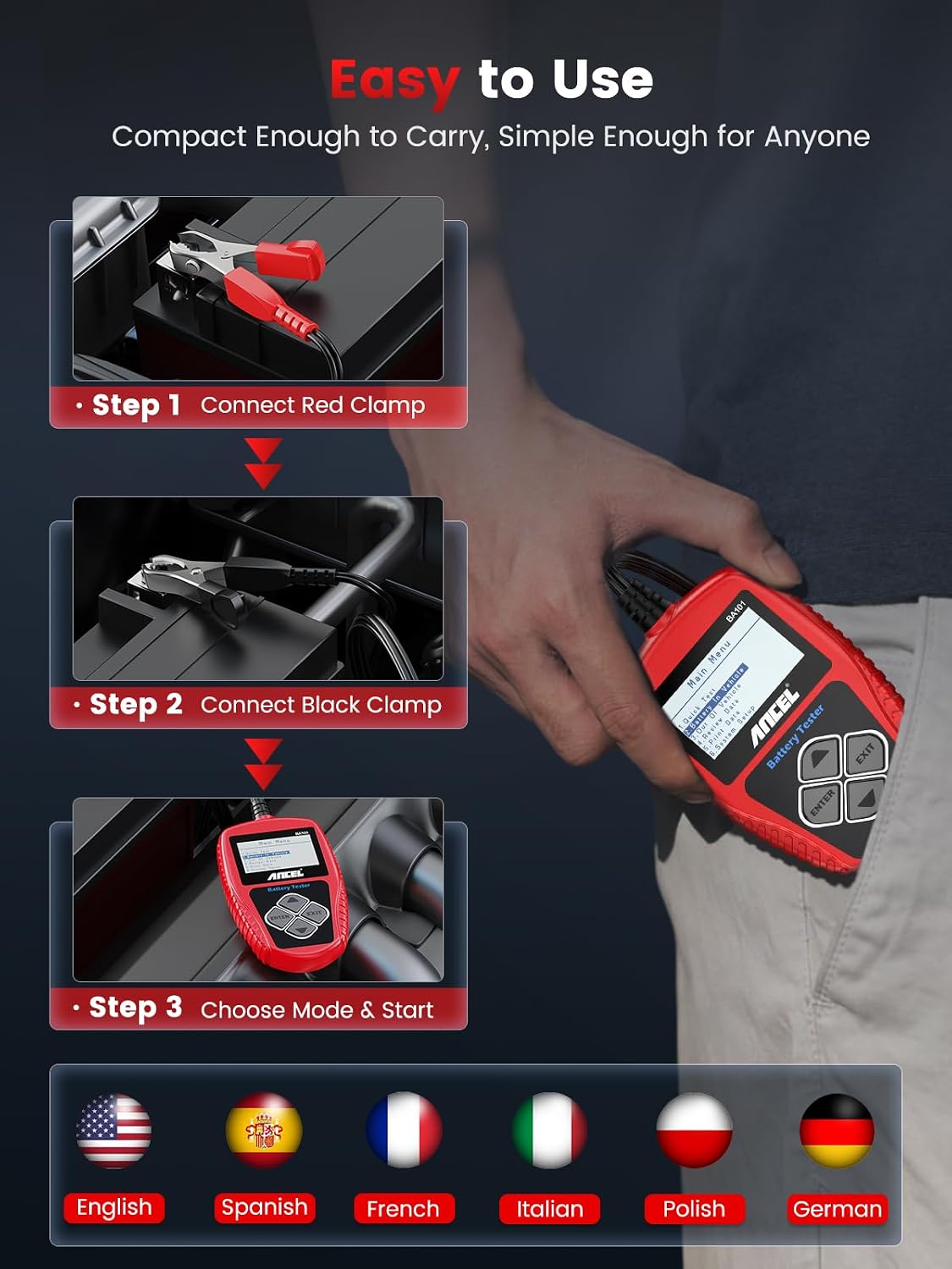Thumbnail 6 de ANCEL BA101 12V Car Battery Tester, 100–2,000 CCA, Charging and Cranking Tests