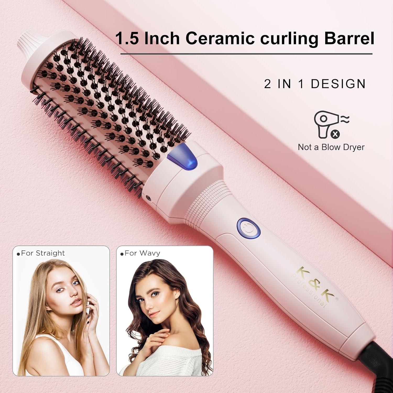 Thumbnail 2 de K&K Thermal Brush Keratin Protect Heated Barrel (38 mm) Pink – Dual Voltage, Ionic, UK Plug