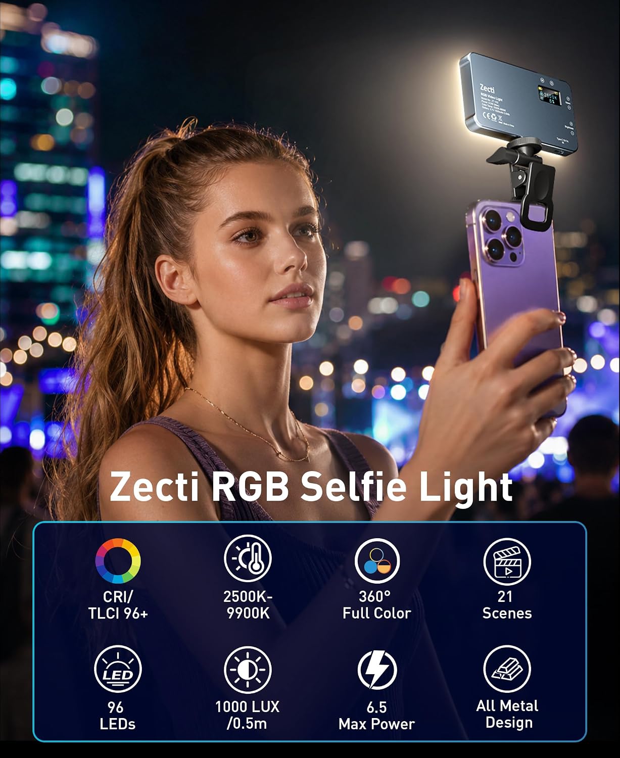 Detalle 2 de Zecti 96 LED RGB Phone Light with 2500K–8000K Color and 21 Effects