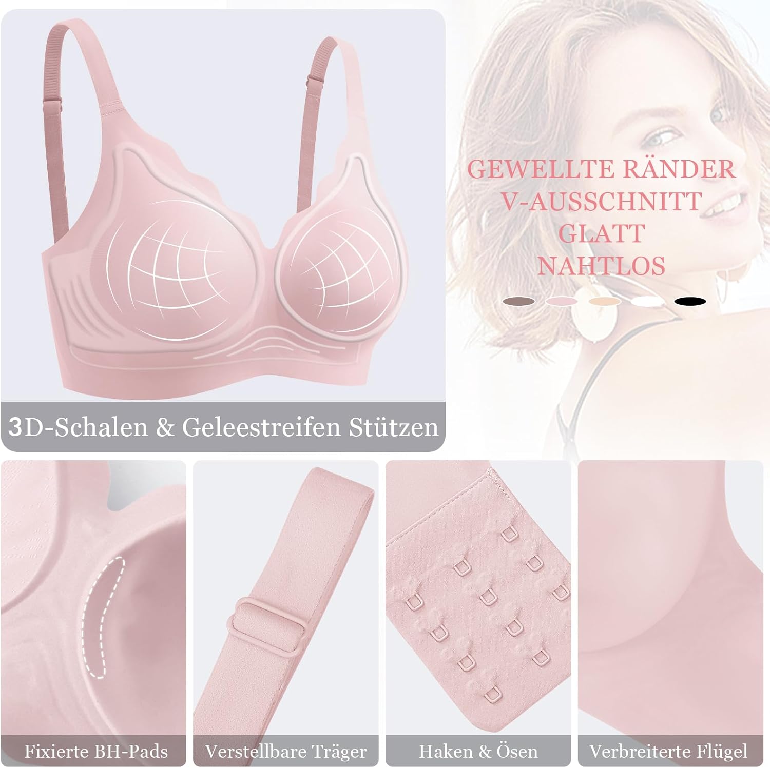 Detalle de Ganado Damen Nahtloser BH Ohne Bügel mit Tiefem V-Ausschnitt – Bralette, Bügellos, Soft
