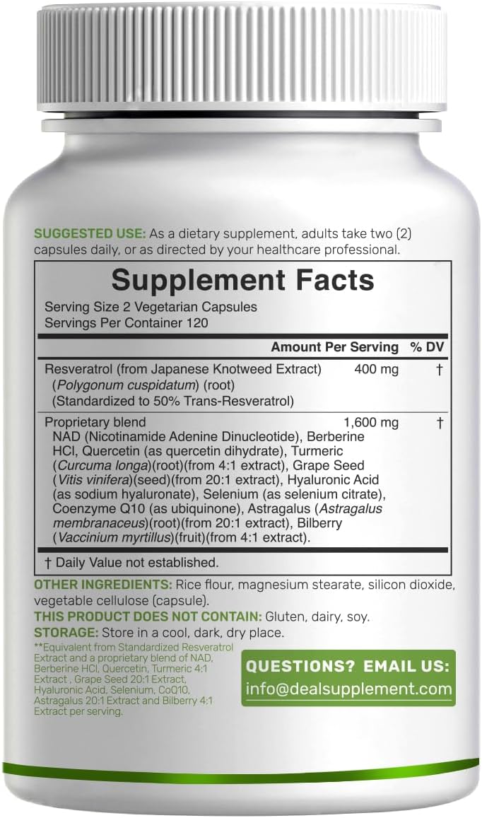 Detalle de DEAL SUPPLEMENT Resveratrol Supplement, 240 Veggie Capsules