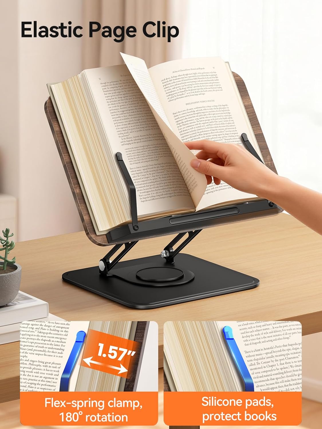 Detalle 2 de Tounee Support de livre rotatif 360° ajustable et pliable avec pinces de protection – Noir