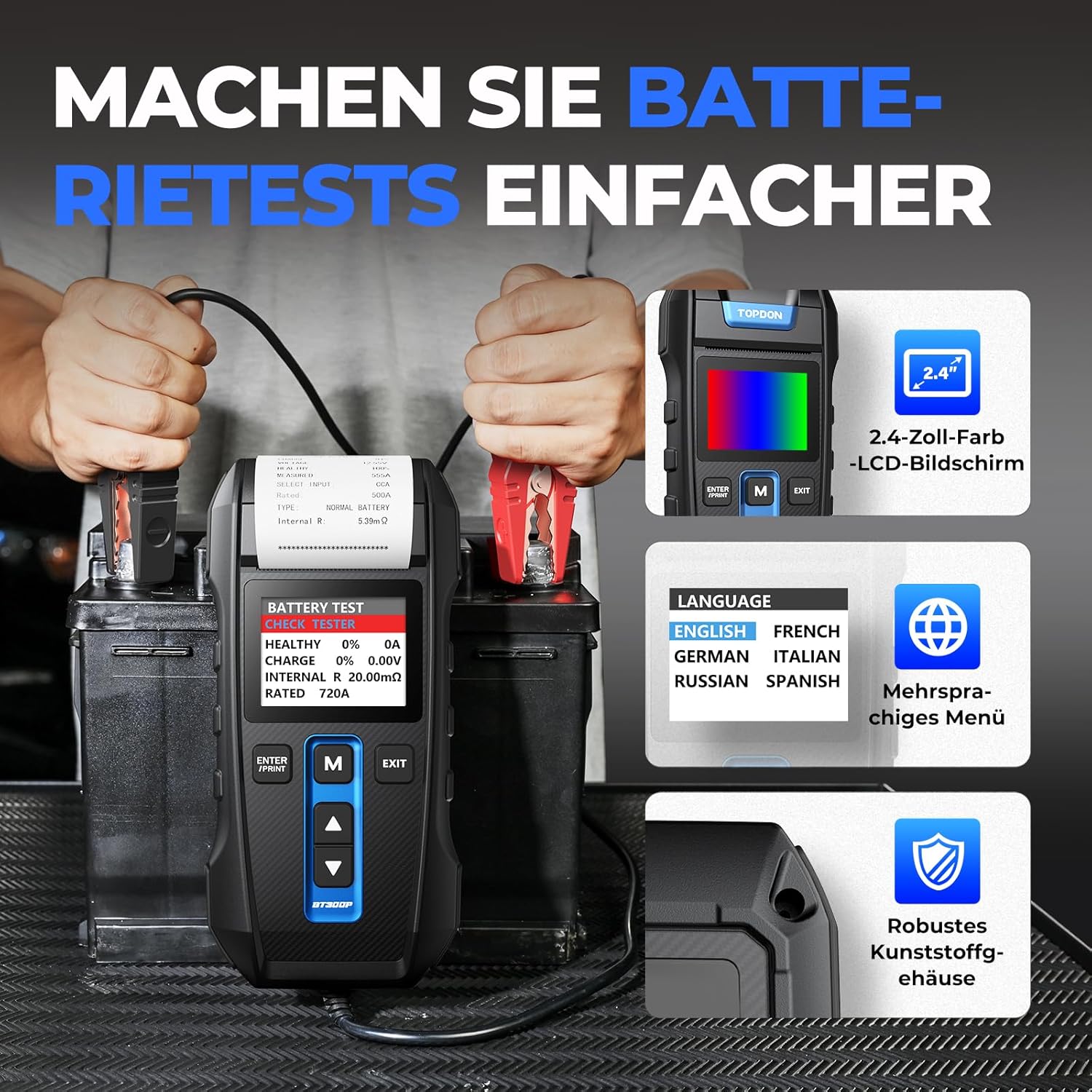 Detalle de TOPDON BT300P Batterietester für 12V/24V mit integrierter Drucker-Funktion (100–2000 CCA)