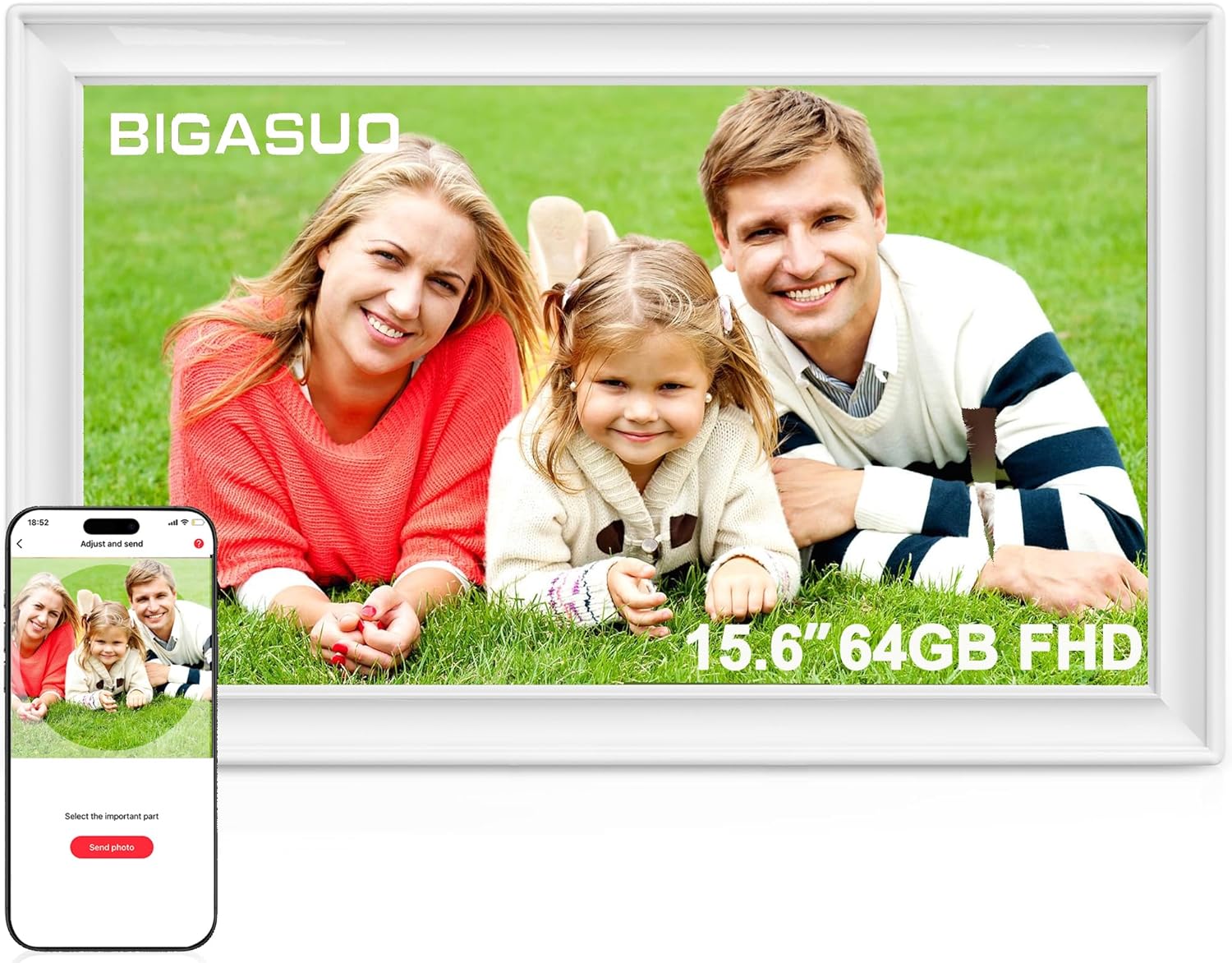 Frameo 64GB 15.6" WiFi Digital Photo Frame (Classic White) – 1920×1080 FHD IPS Touch, Auto-Rotate