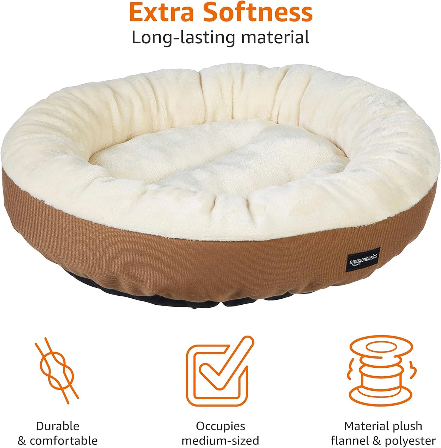 Thumbnail 3 de Amazon Basics Round Bolster Pet Bed for Dog or Cat with Flannel Top (50 x 50.8 x 15.2 cm) – Brown and Ivory