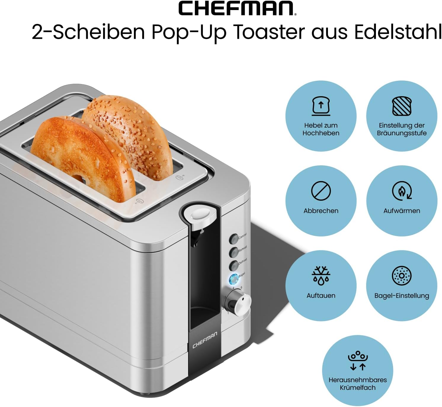 Detalle 2 de Chefman RJ31-SS-V2-EU – toster na 2 kromki, 7 ustawień i szerokie szczeliny