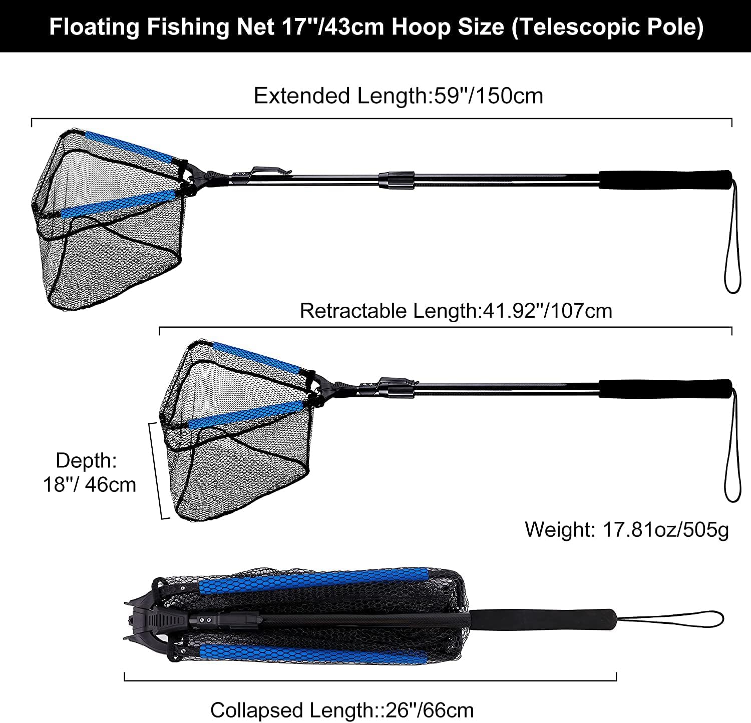 Detalle de PLUSINNO Floating Fishing Landing Net with Telescopic Handle