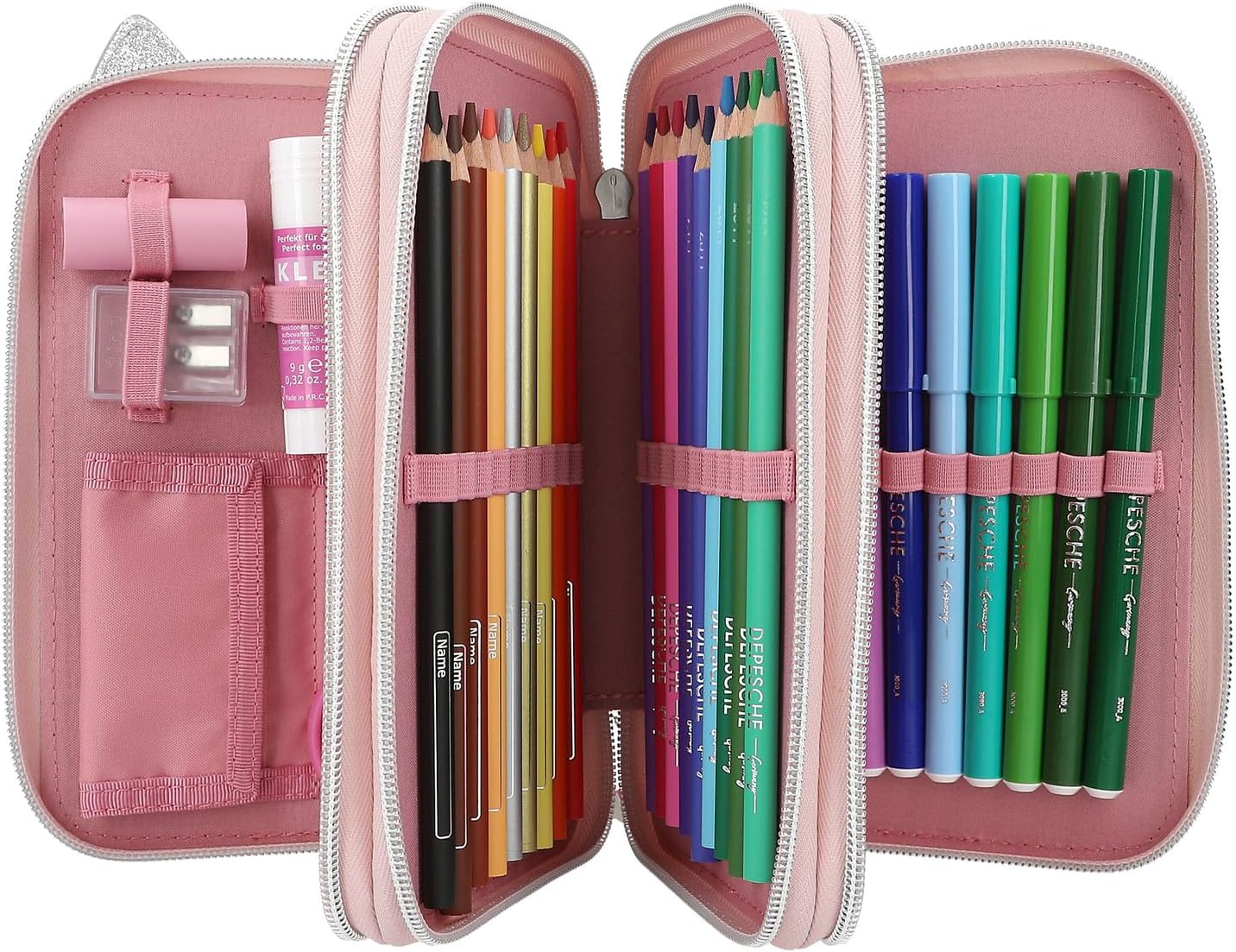 Detalle 2 de Depesche TOPModel 12787 Trousse à 3 Compartiments – Rose, motif tacheté, avec nez en cœur et oreilles de chat