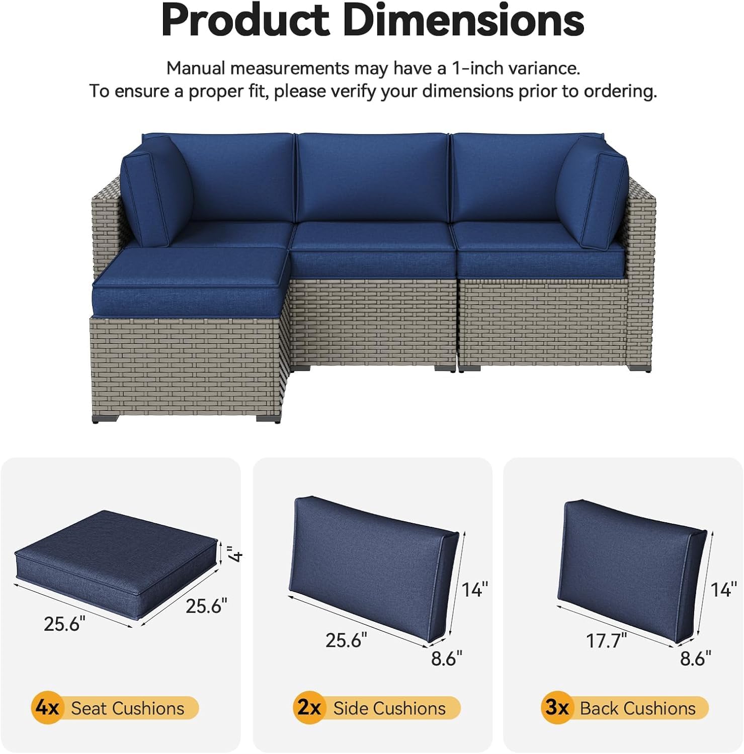 Detalle 2 de Aoxun G86002-04BU-AXUS Outdoor Furniture Cushions, Navy Blue, 4-Inch Foam