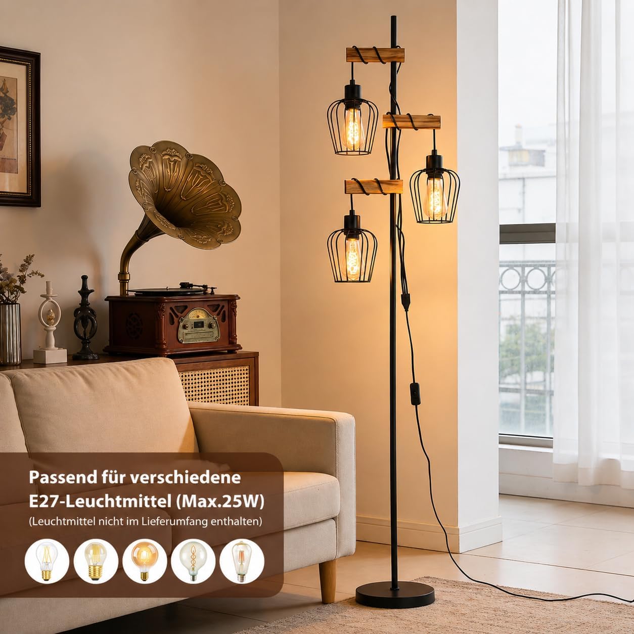 Thumbnail 6 de ZMH Vintage Stehlampe Wohnzimmer Holz – 3-flammig, Industriell, E27, rustikal
