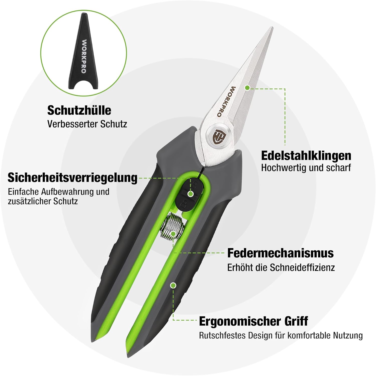 Detalle de WORKPRO Gartenschere Set 2-tlg. – Bypass-Astschere 210 mm und Ernteschere 160 mm für Gartenarbeit