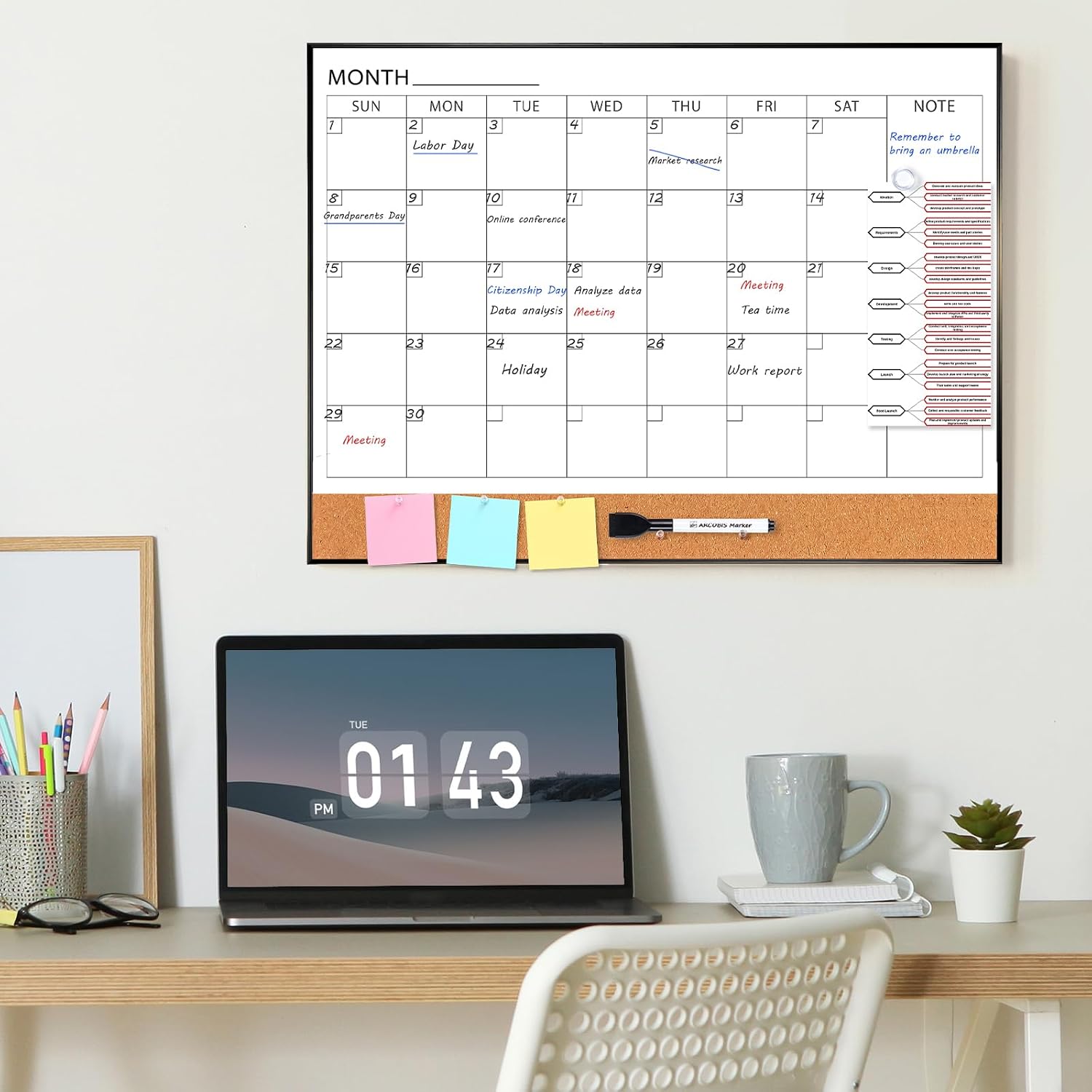 Detalle de ARCOBIS COM2418-MONTH-Black-H Dry Erase Calendar, 24" x 18", Magnetic with Cork Board
