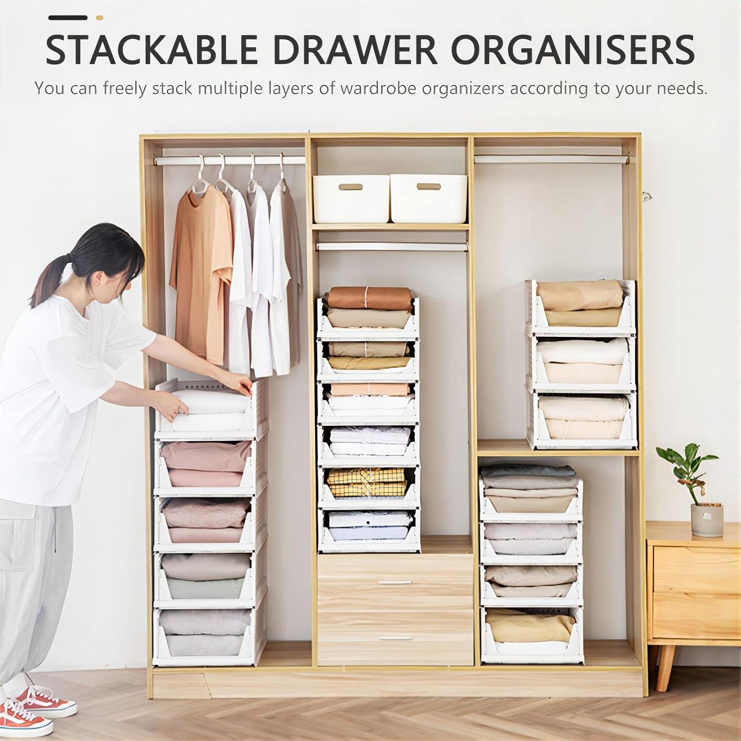 Detalle de ZOINLIY Stackable Plastic Storage Baskets, 4-Pack Foldable Closet Organizers