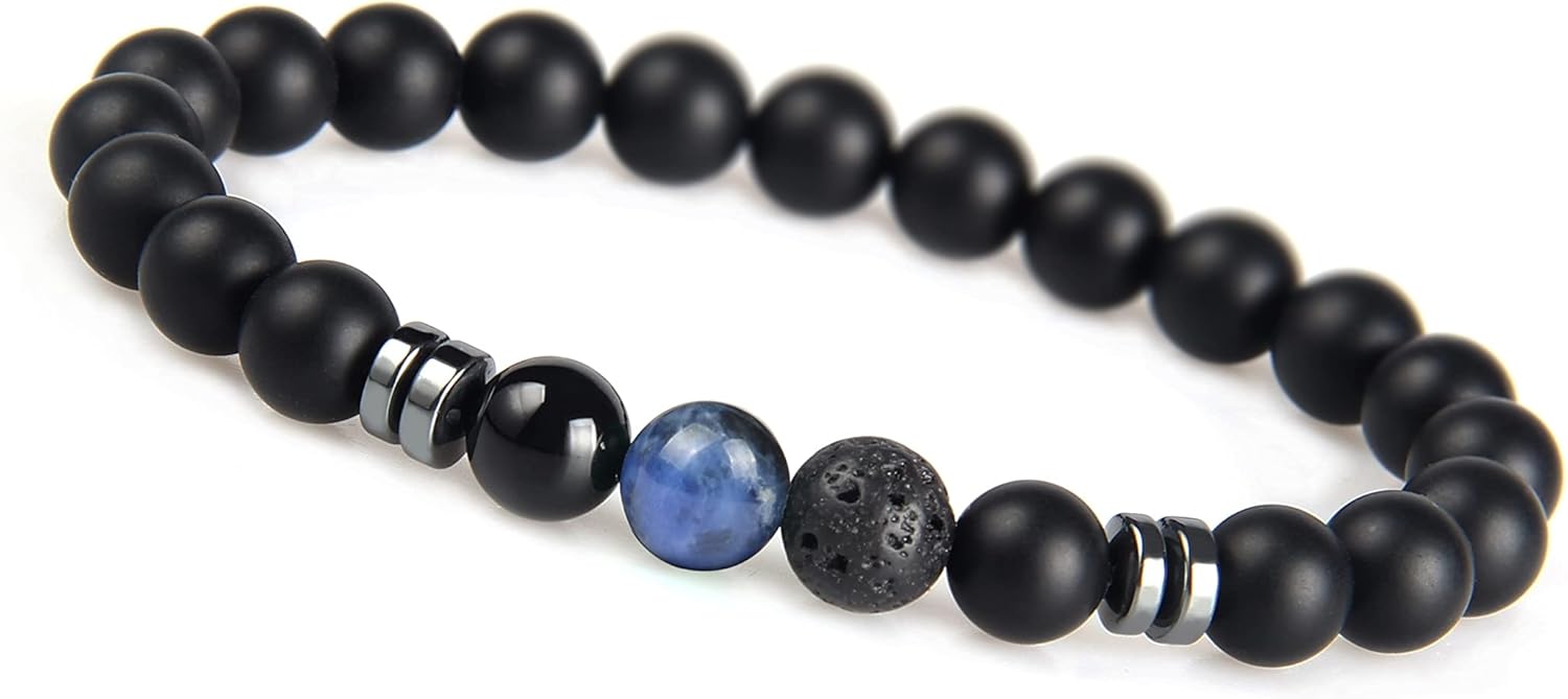 Detalle de GD GOOD.designs bracciale uomo elastico con pietra lavica nera e onice da 8 mm