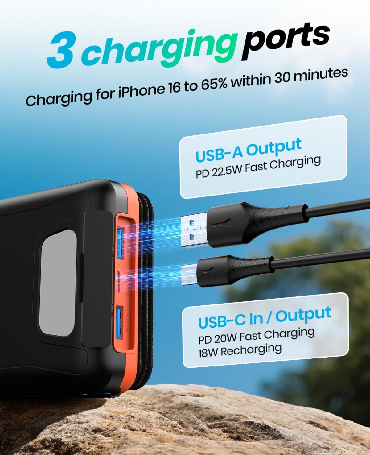 Thumbnail 3 de 20000mAh Solar Power Bank – ADDTOP Solar Charger with 22.5W Fast Charging and 4 Foldable Panels