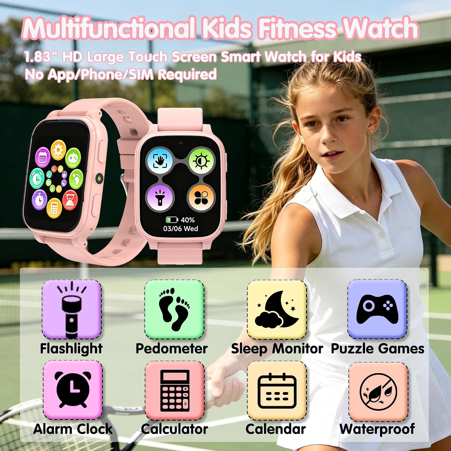 Detalle 2 de Smartwatch Bambini 1.83": Orologio educativo e fitness per ragazzi con 18 giochi, monitoraggio sonno e IP68