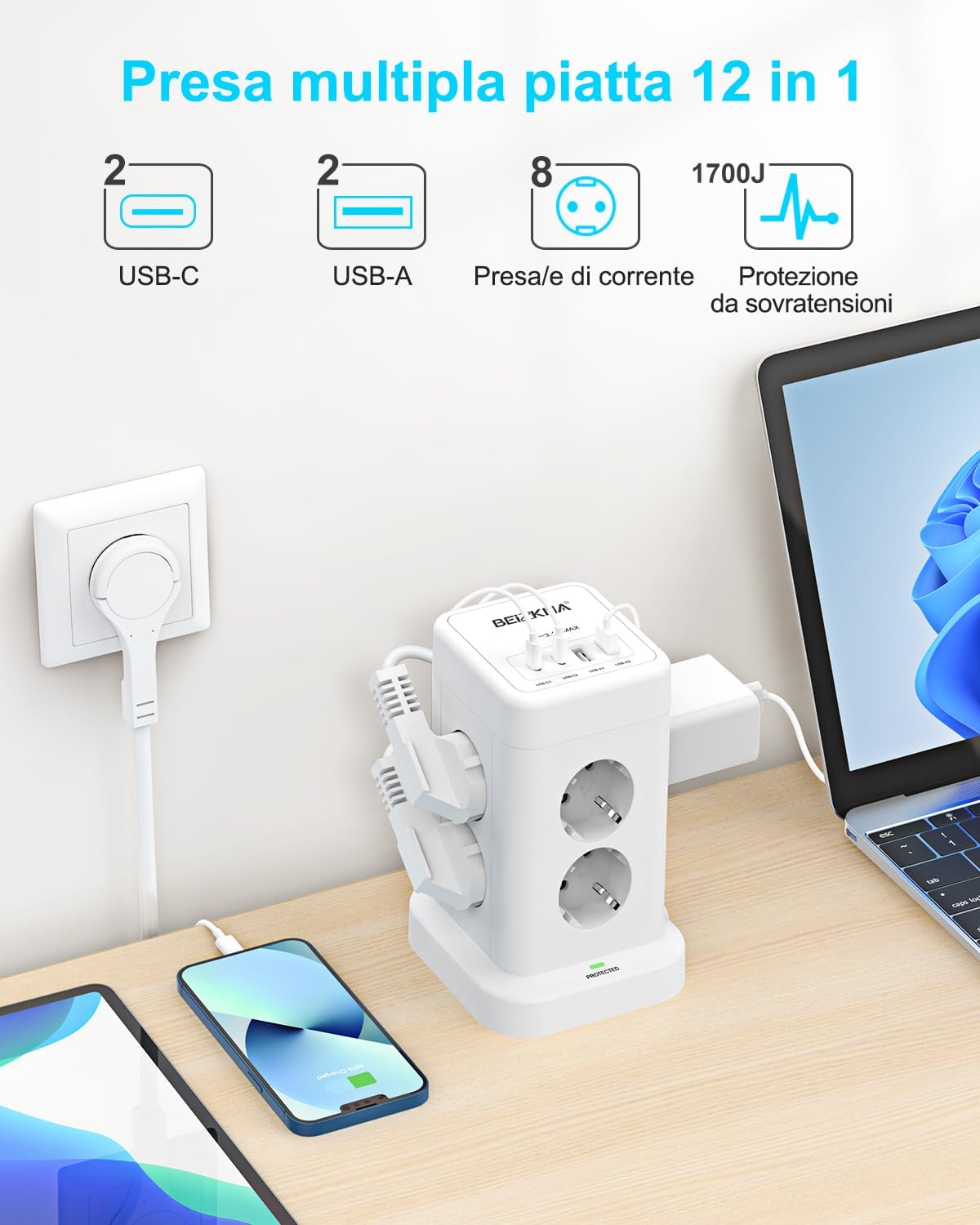 Thumbnail 1 de Ciabatta multipresa a spina piatta con 8 prese e 4 USB (2 USB-C + 2 USB-A) con protezione da sovratensioni e cavo da 2 metri
