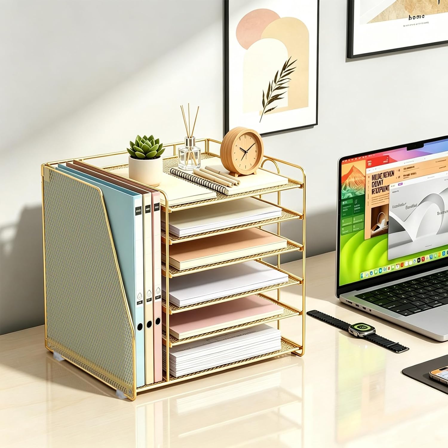 Detalle 1 de gianotter 6T 6-Tier Paper Organizer with Magazine Holder, Gold Metal